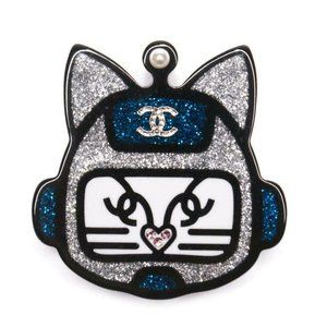 Chanel- CC Monogram Cat Brooch Pin Silver Blue Robot NEW BOX Mothers Day gift